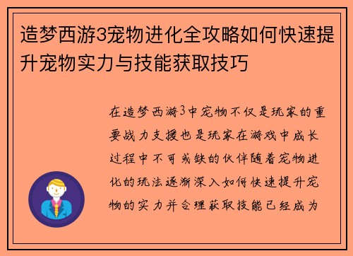 造梦西游3宠物进化全攻略如何快速提升宠物实力与技能获取技巧